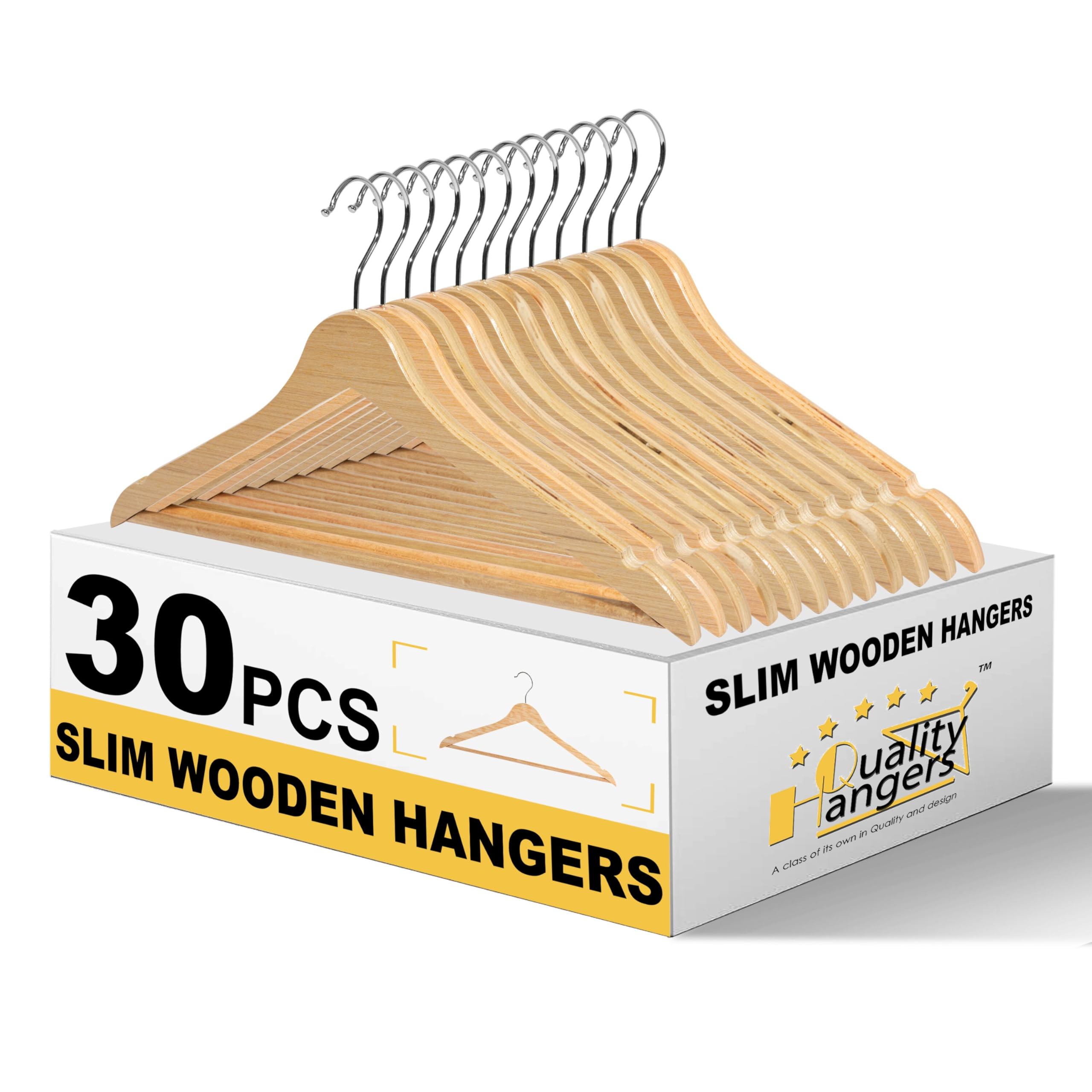 Quality Hangers premium slim wooden hangers highlight space-saving design for organized closets.