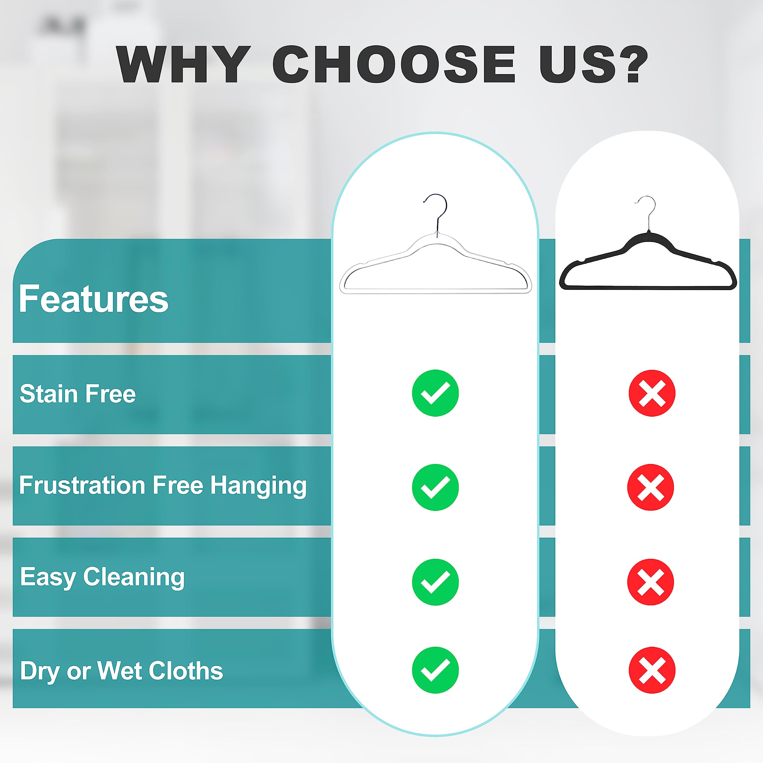 Quality Hangers space-saving slim design ideal for cramped closets.