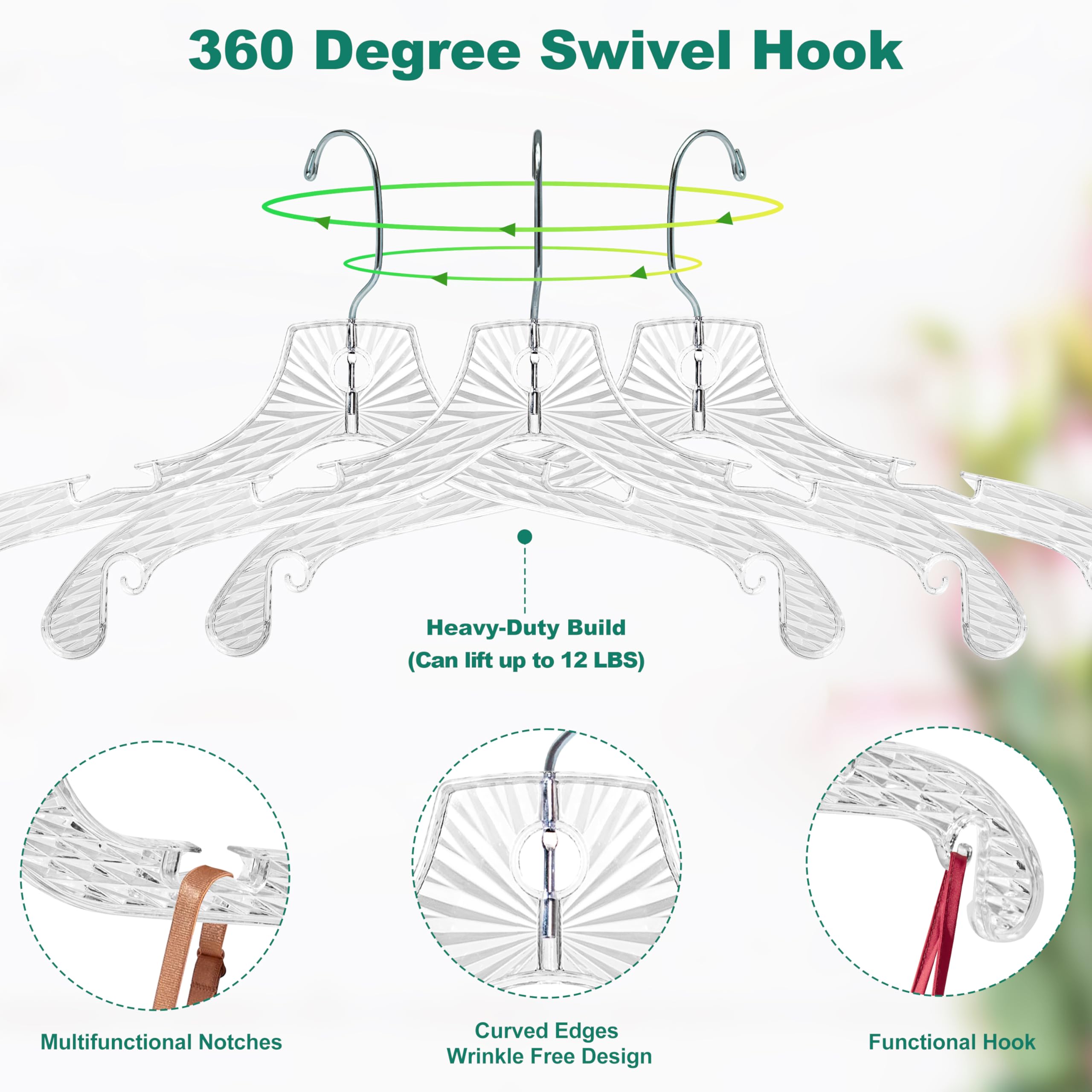 Quality Hangers clear hanger with strap notches keeps garments secure.