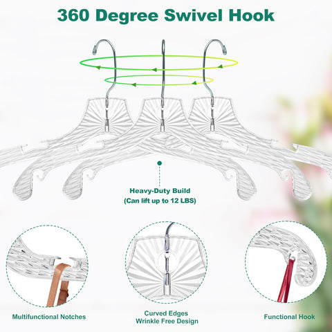 Quality Hangers clear hanger with strap notches keeps garments secure.