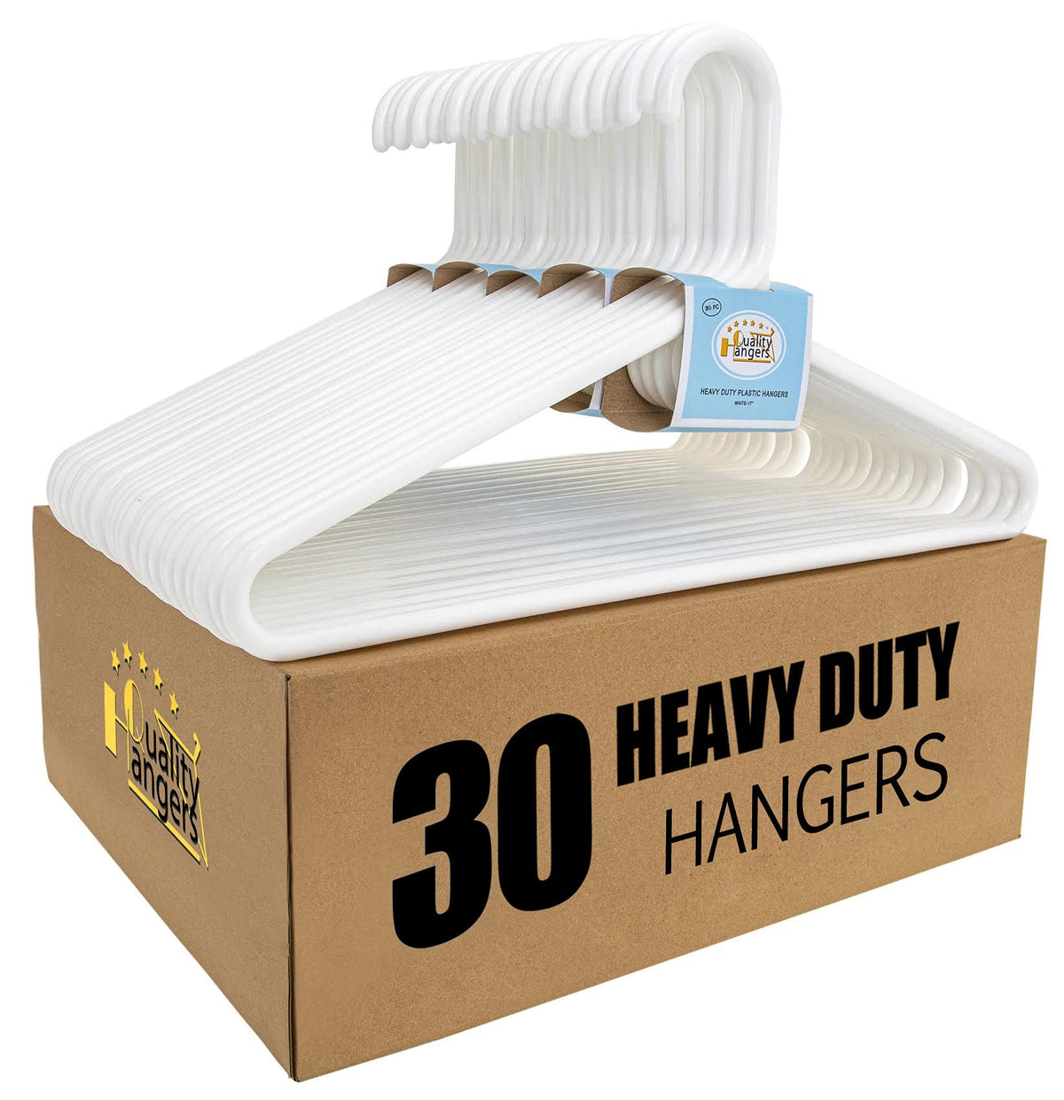 Quality Hangers white plastic hangers 30-pack holding coats in a tidy closet