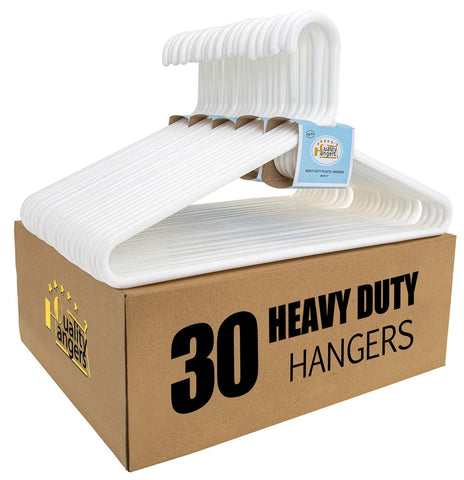 Quality Hangers white plastic hangers 30-pack holding coats in a tidy closet