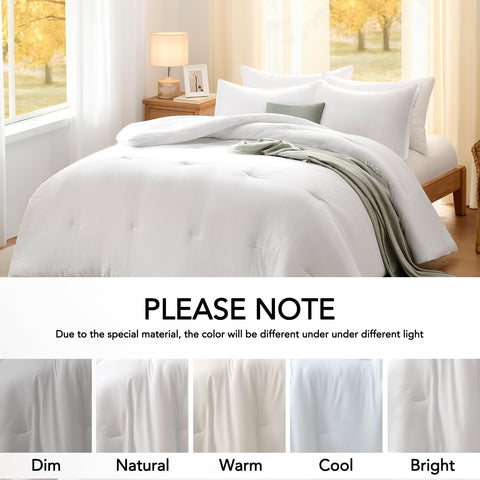 Quataly boho-minimal bedroom styling pairs white comforter with any decor.