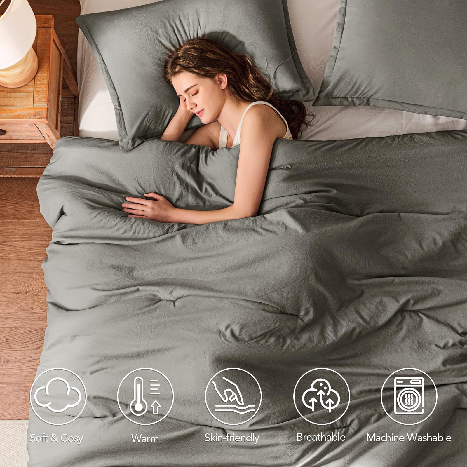 Quataly comforter grey seamed edges highlight durable stitching that keeps fill evenly distributed.