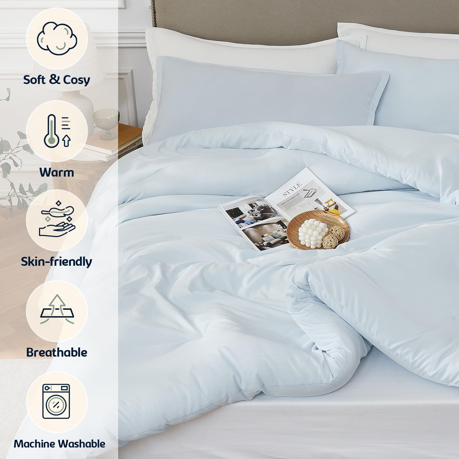 Quataly SkyBlue comforter closeup shows ultra-soft washed microfiber texture.