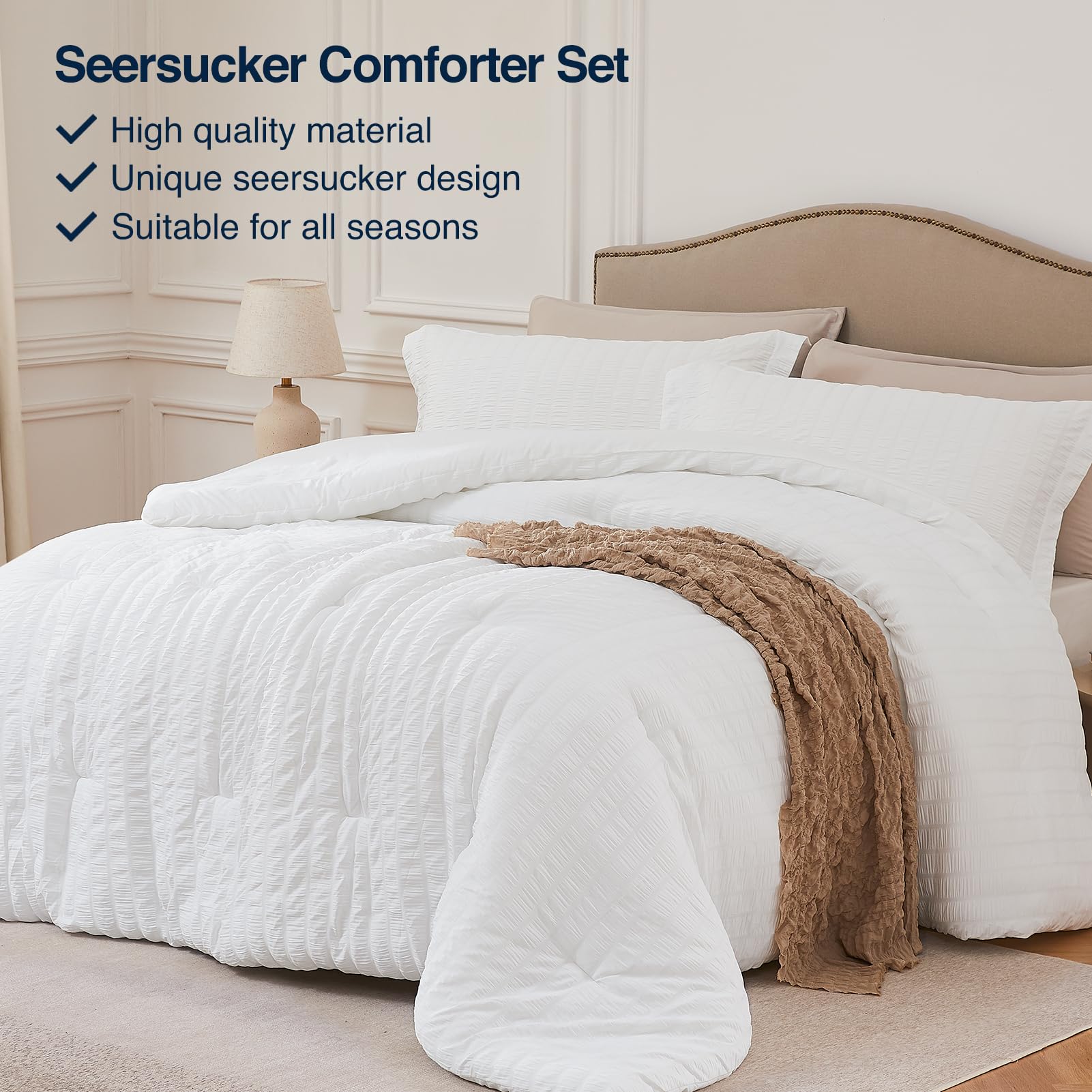 Quataly White Queen Comforter Set breathable fabric for cooler nights.
