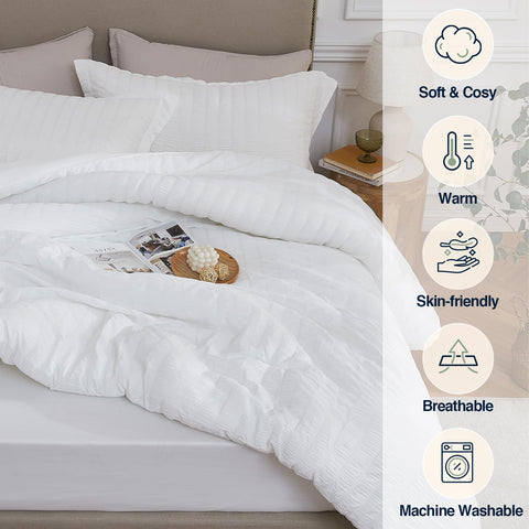 Quataly White Queen Comforter Set micro-pleated design adds texture and depth.