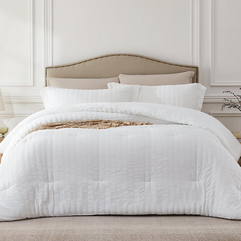 Quataly White Queen Comforter Set seersucker texture enhances breathability and style.
