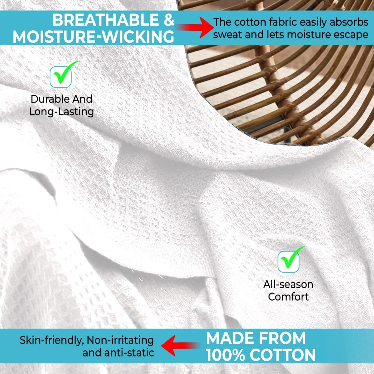 QUBA LINEN waffle blanket on sofa acts as a lightweight throw for couches.