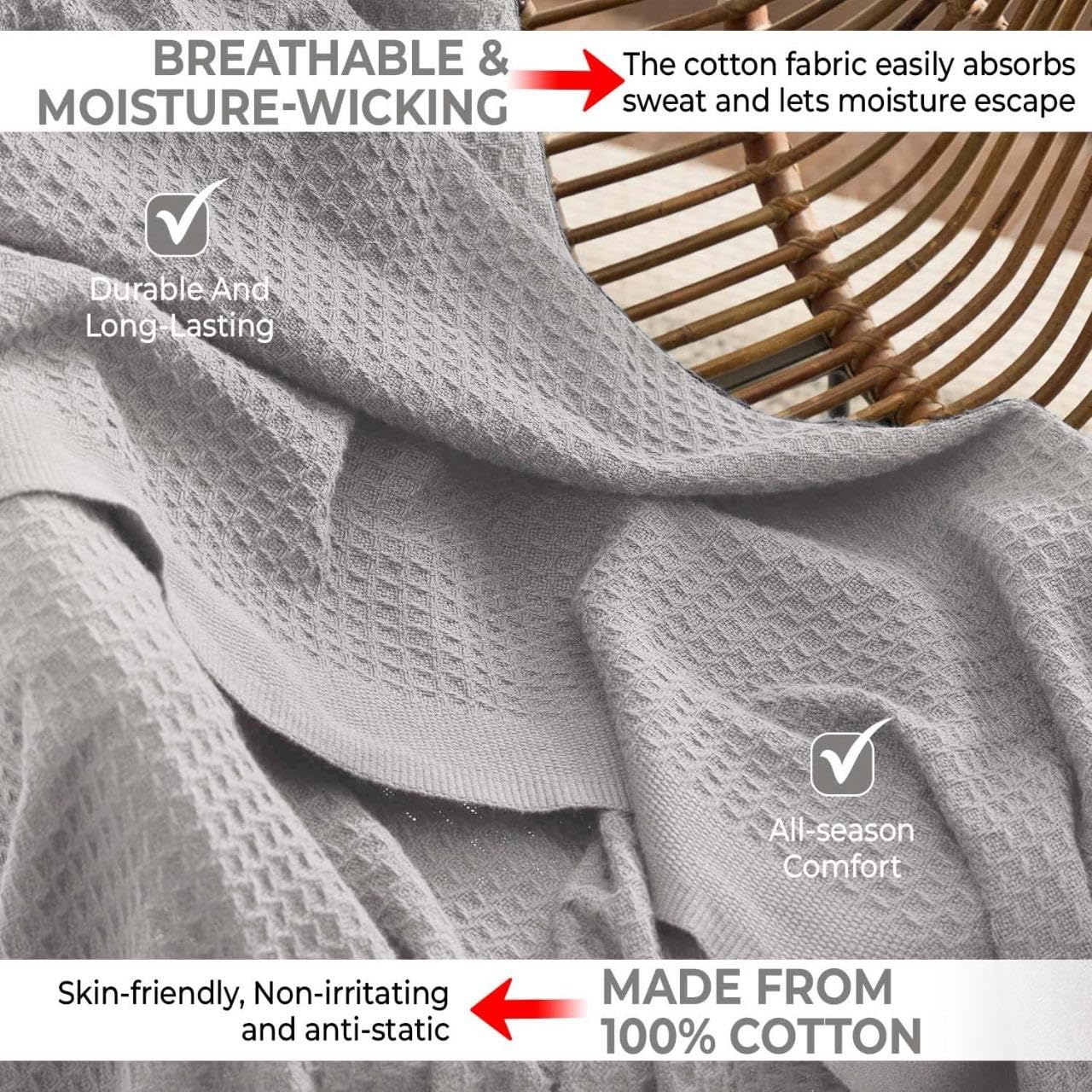Light grey queen blanket draped over a bed for versatile styling