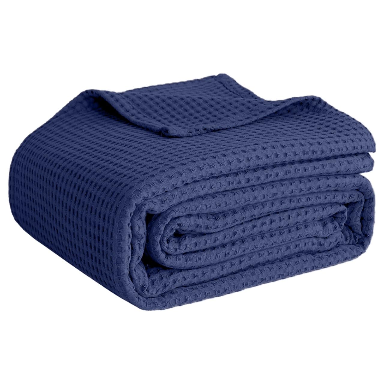 QUBA LINEN navy waffle blanket on queen bed for cool comfort