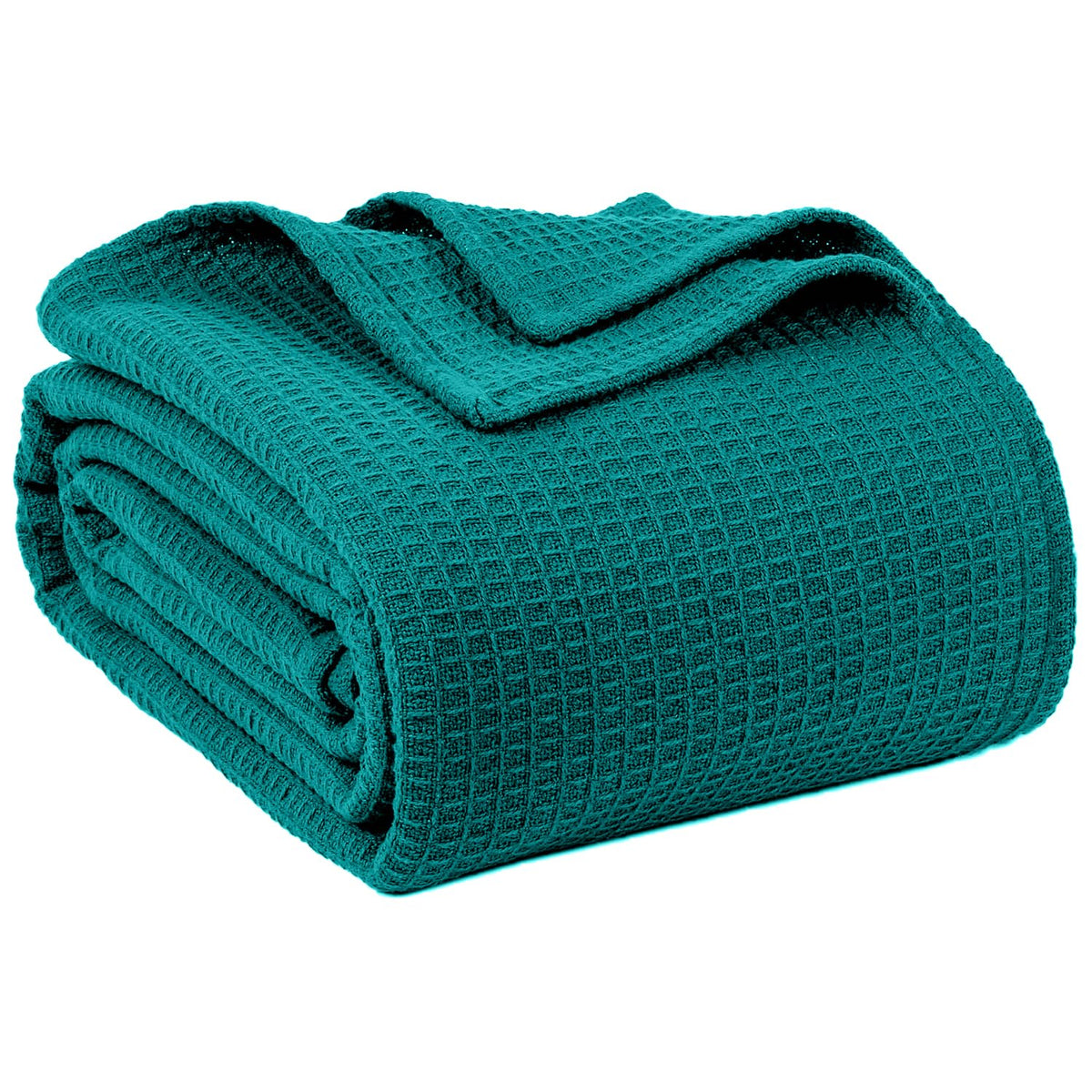 QUBA LINEN waffle blanket teal on a queen bed for breathable comfort