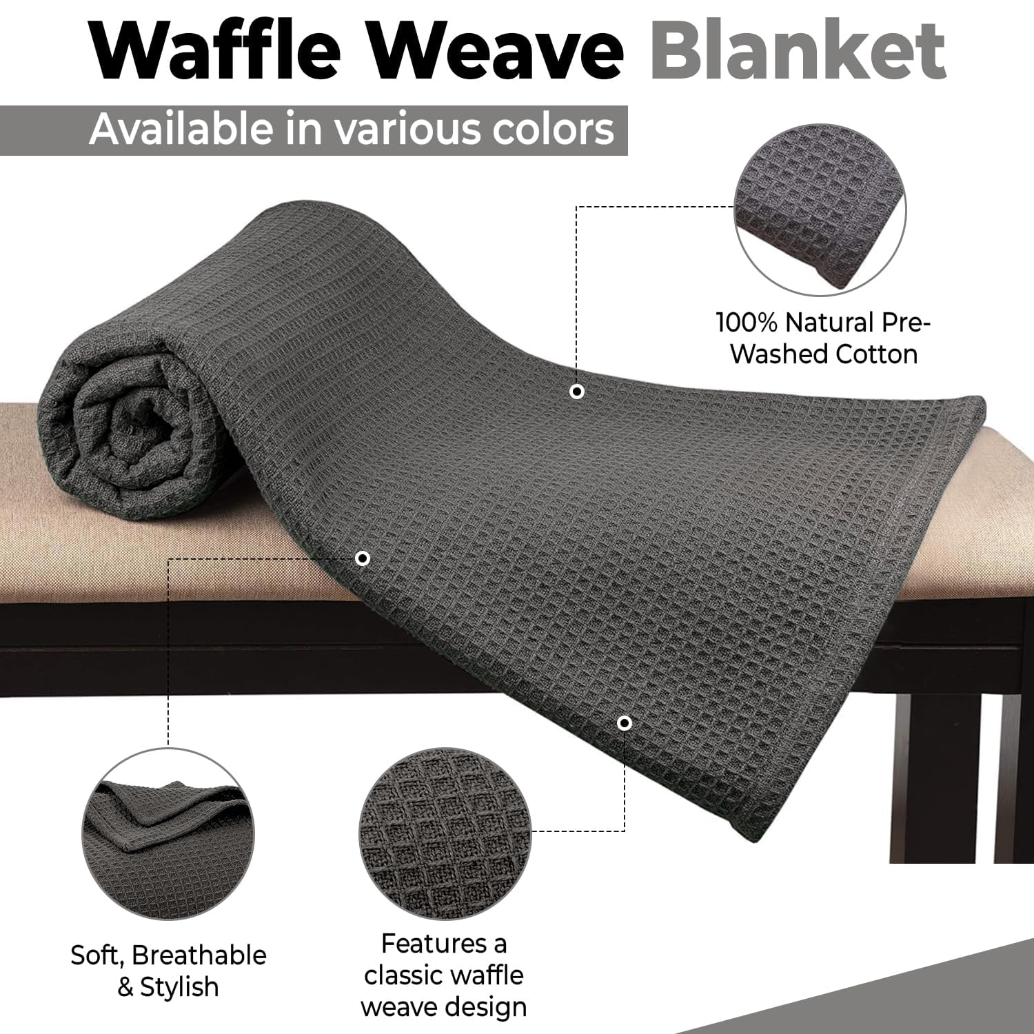 QUBA LINEN waffle texture close-up highlights breathable, soft cotton weave.