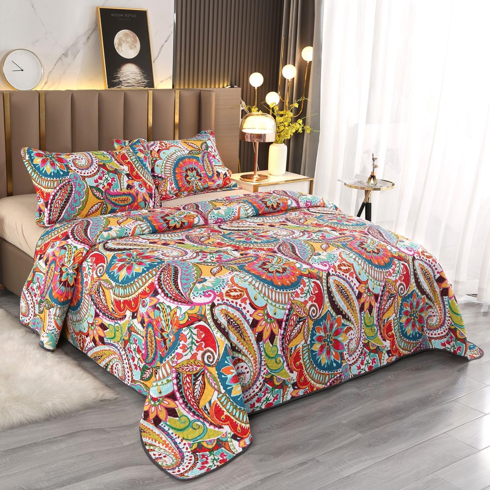 Qucover cal king bedspread measures 118x106 inches with two shams.