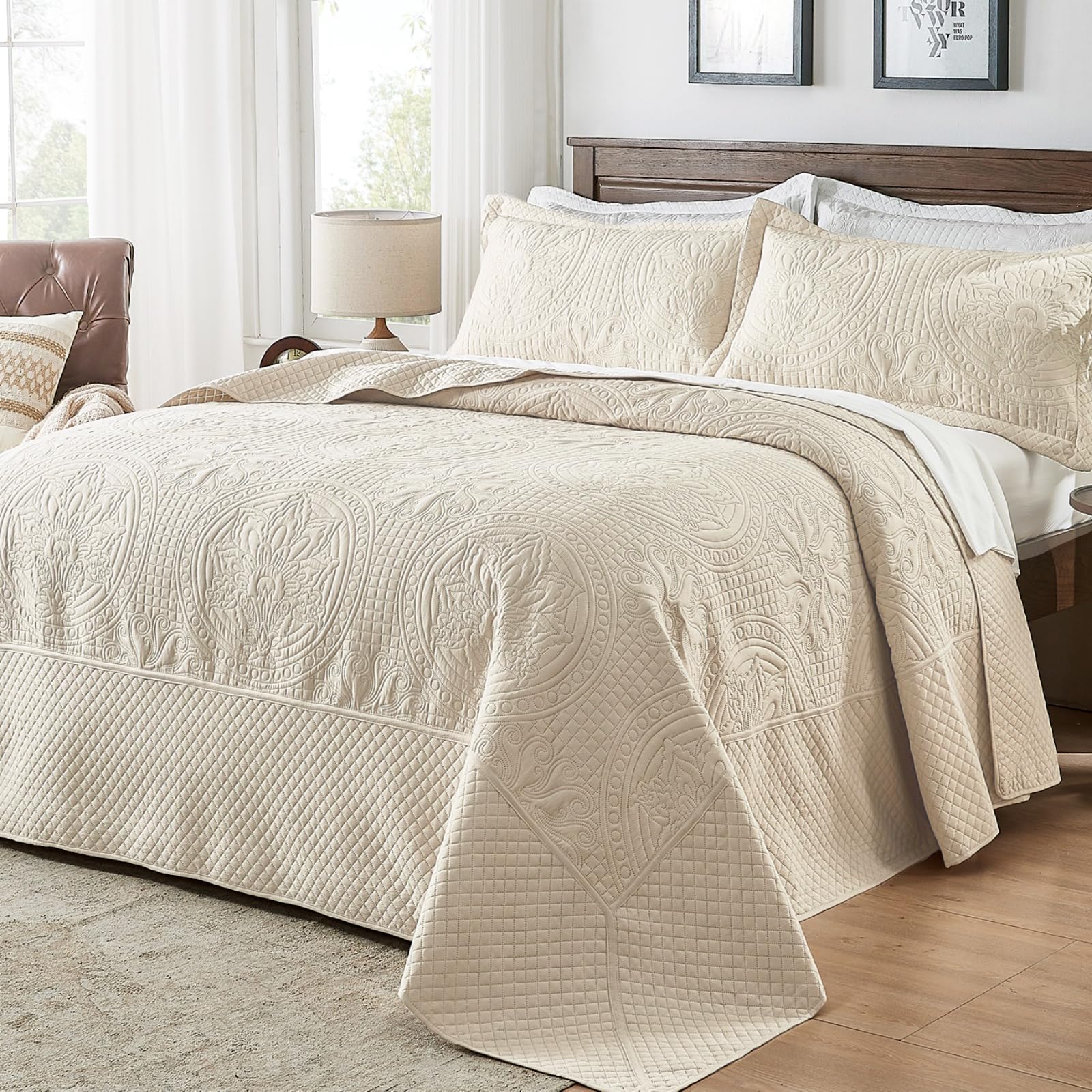 Qucover oversized king bedspread laid flat on a large bed showing full coverage.