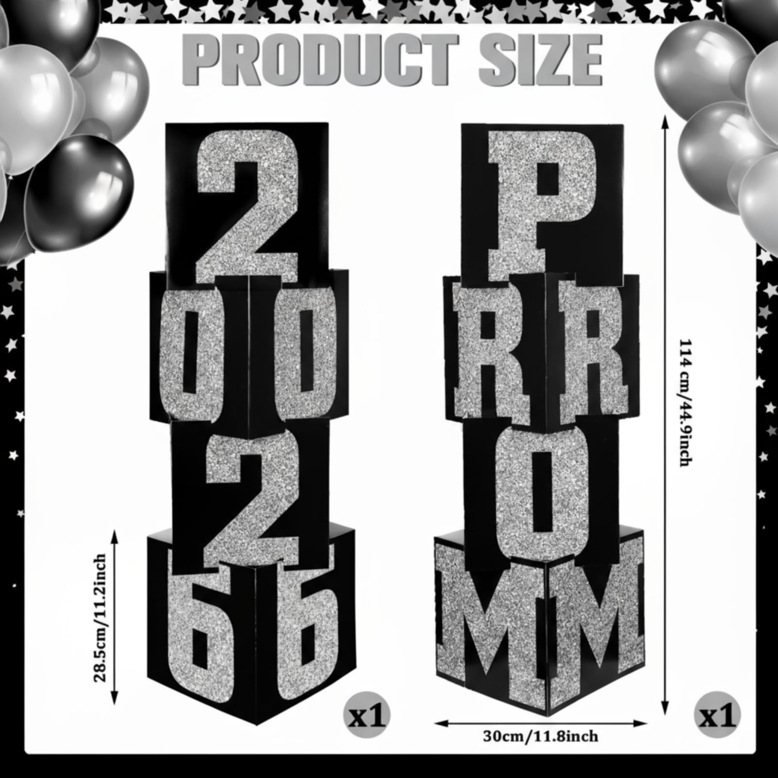 Queekay prom letter boxes in silver and black form a bold two-column backdrop.