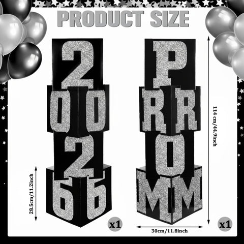 Queekay prom letter boxes in silver and black form a bold two-column backdrop.
