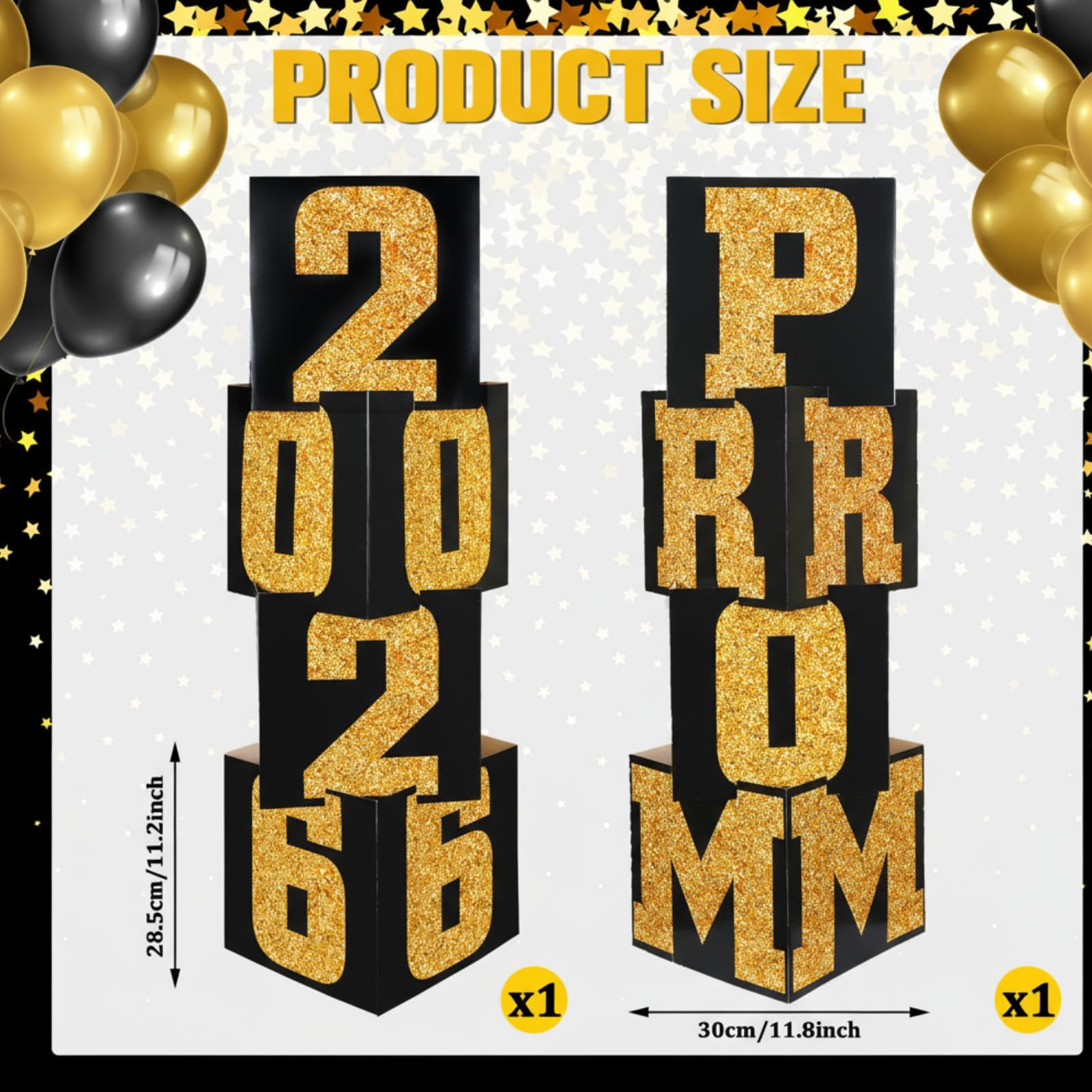Queekay backdrop with gold and black balloon boxes enhances party atmosphere.