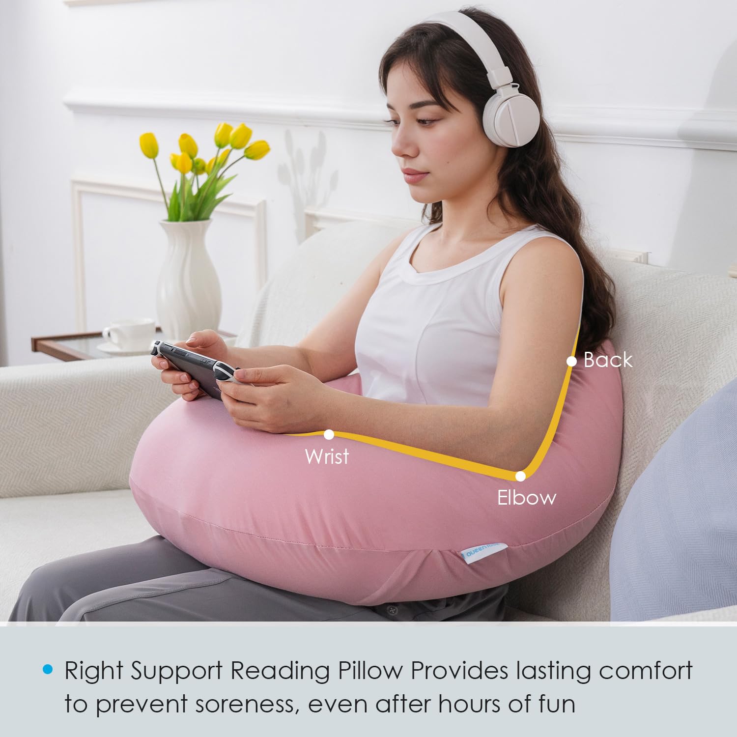QUEEN ROSE Arm-Support Pillow with extended tail cushions elbows for relaxed posture.