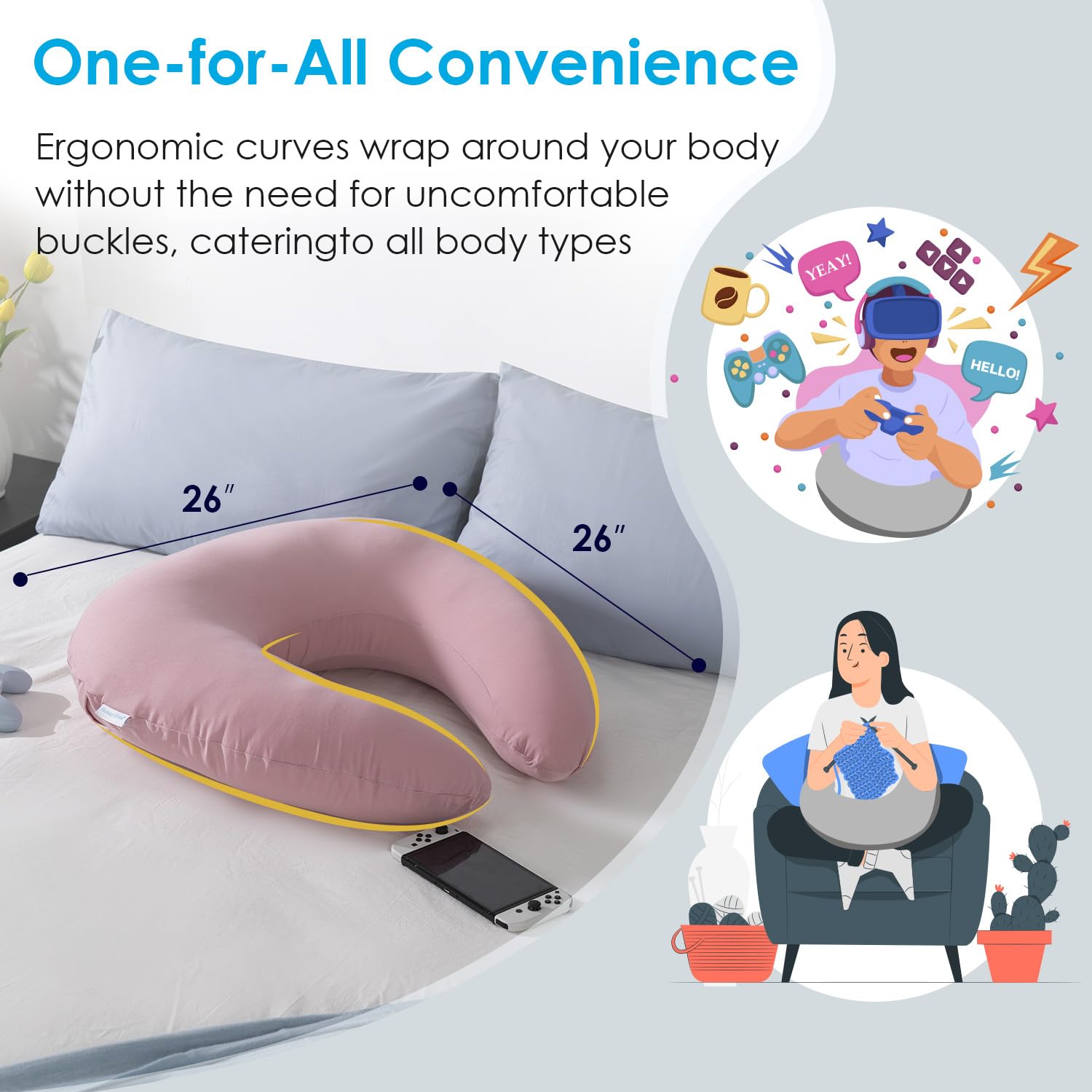 QUEEN ROSE Multi-Use Pillow supports crocheting, gaming, nursing, and relaxing sleep.