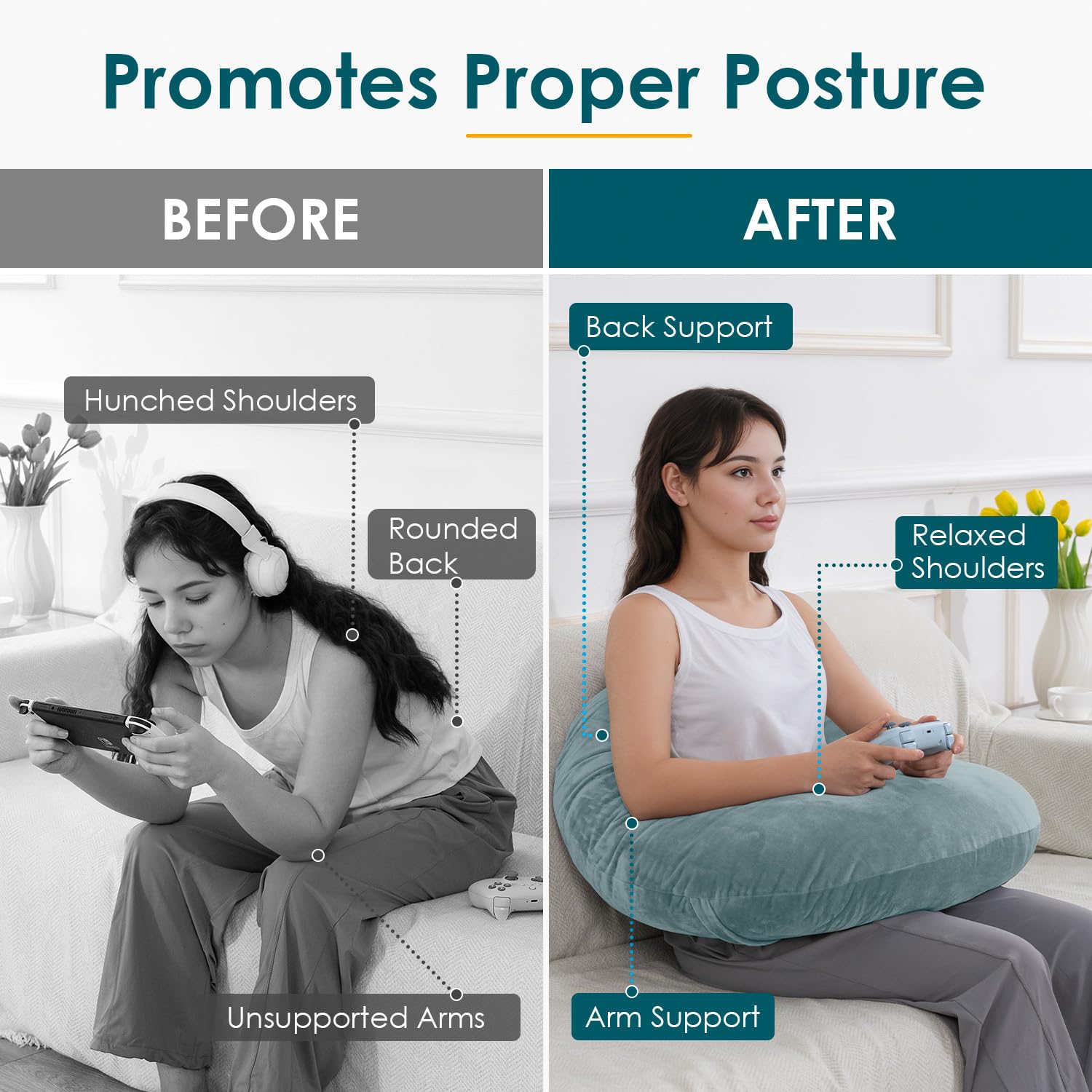 QUEEN ROSE Reading Pillow backrest extension provides relaxed support on the sofa.
