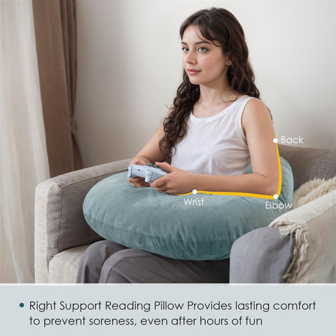 QUEEN ROSE Reading Pillow extended U-shaped tail offers elbow support for crochet sessions.