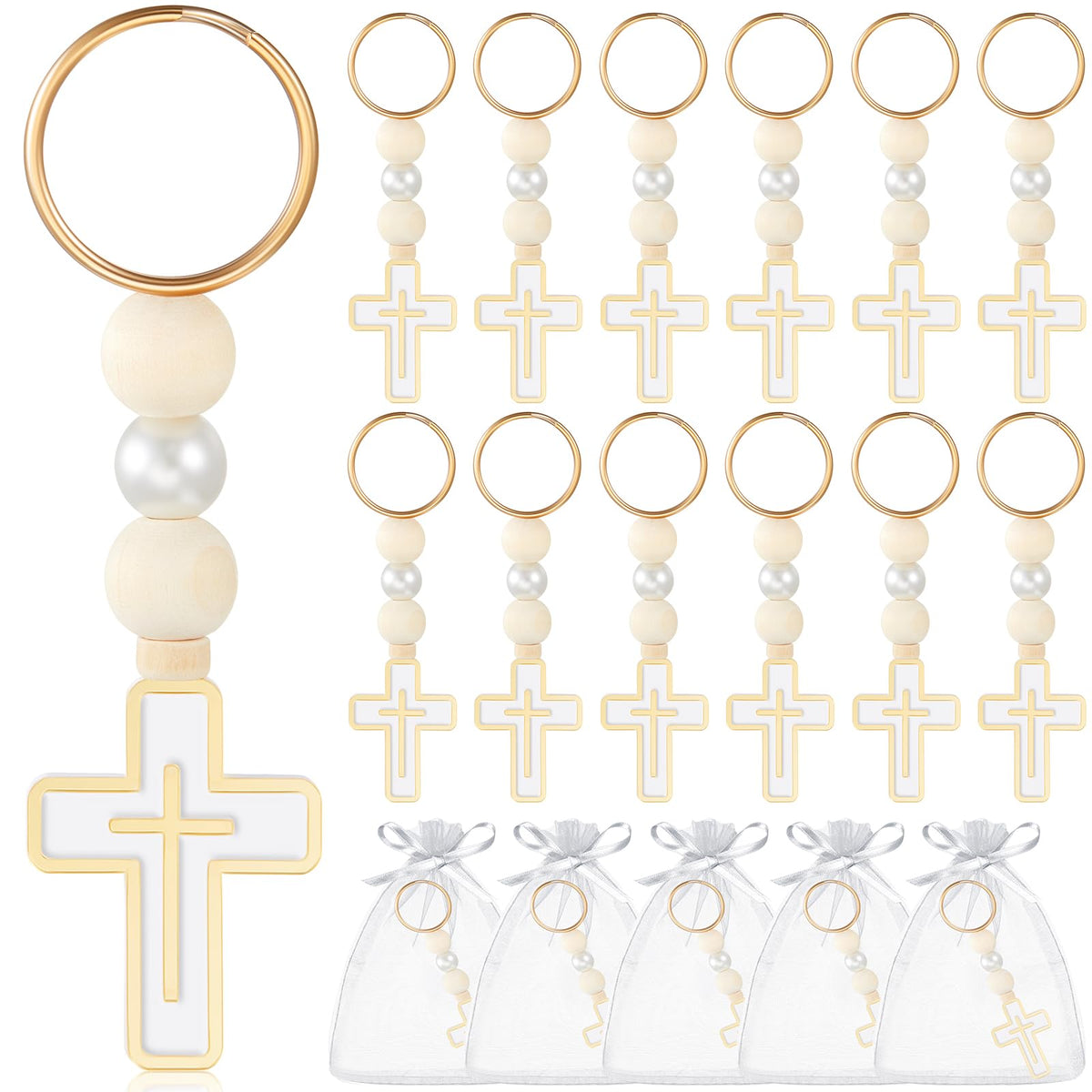 Quelay rosary beads with cross keychains, 24-pack, ideal for coordinated gifts.