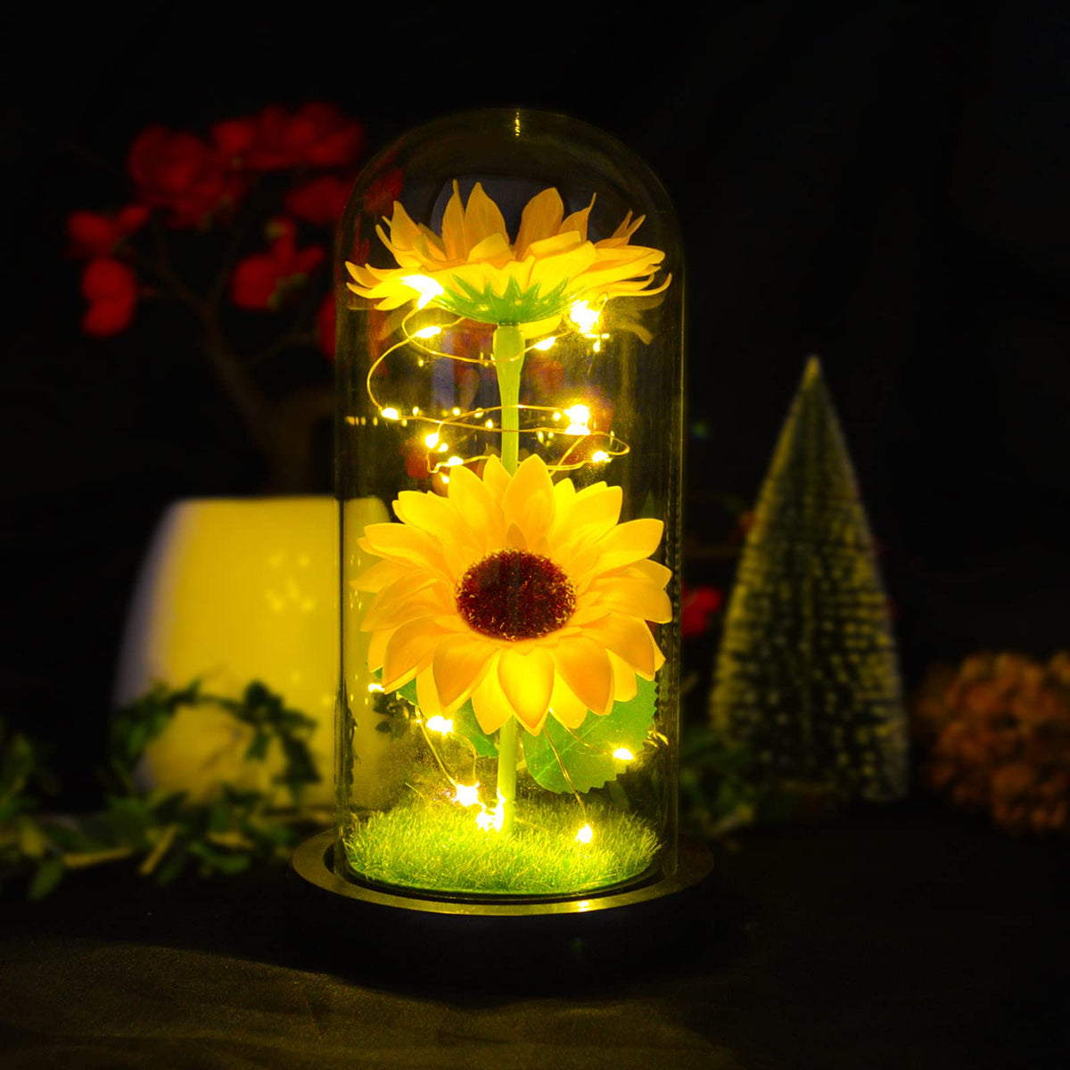 QUELIEN glass dome sunflower on display with LED glow for cozy home decor