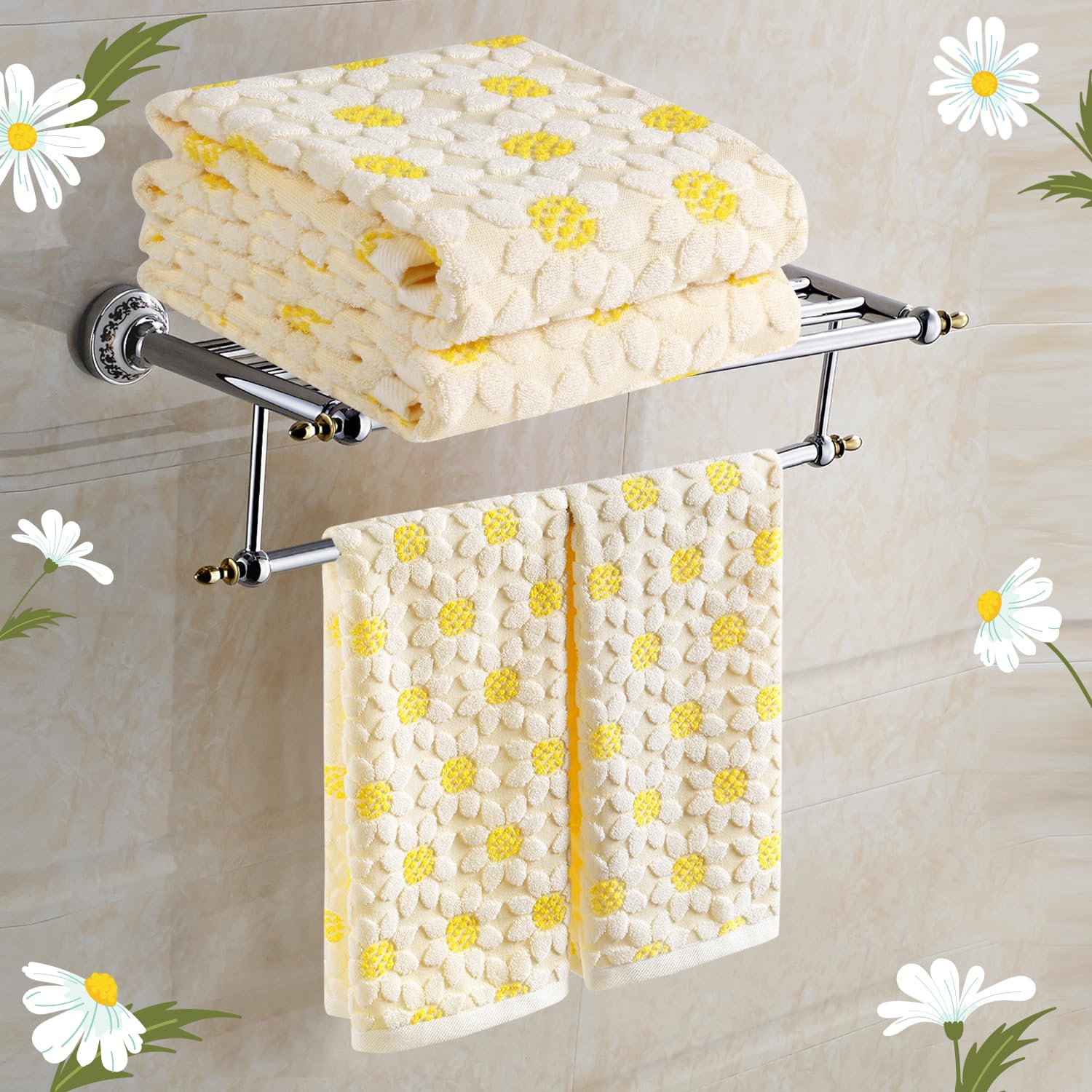 Quera white yellow sunflower design towels brightening spaces while drying hands softly.