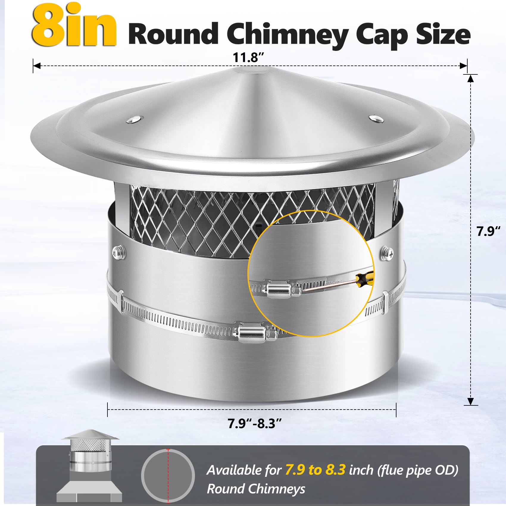QUEYAAM 8 inch chimney cap with adjustable clamp fits 7.9–8.3 inch flues securely.