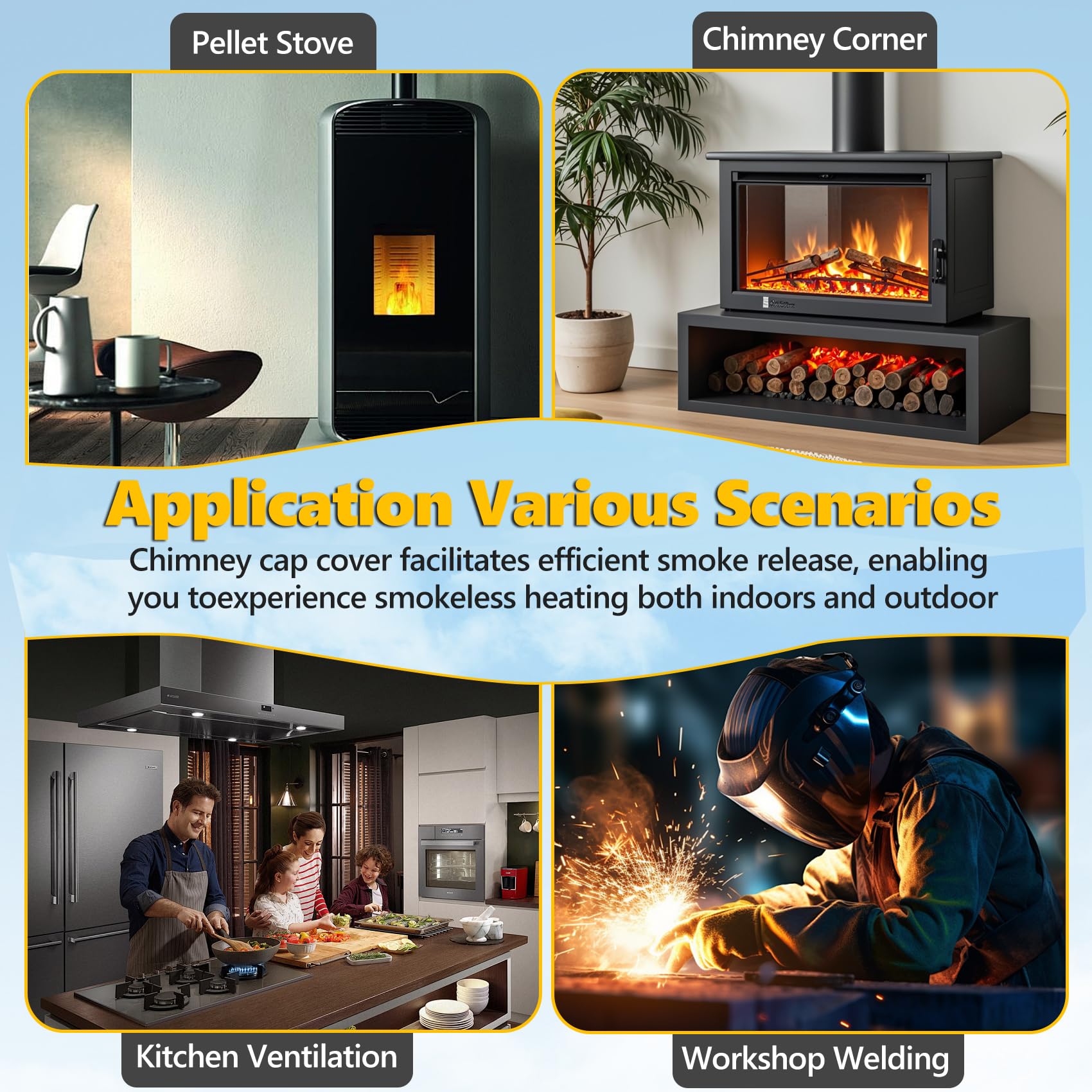 QUEYAAM chimney cap with one-person installation and included gloves for safe setup.