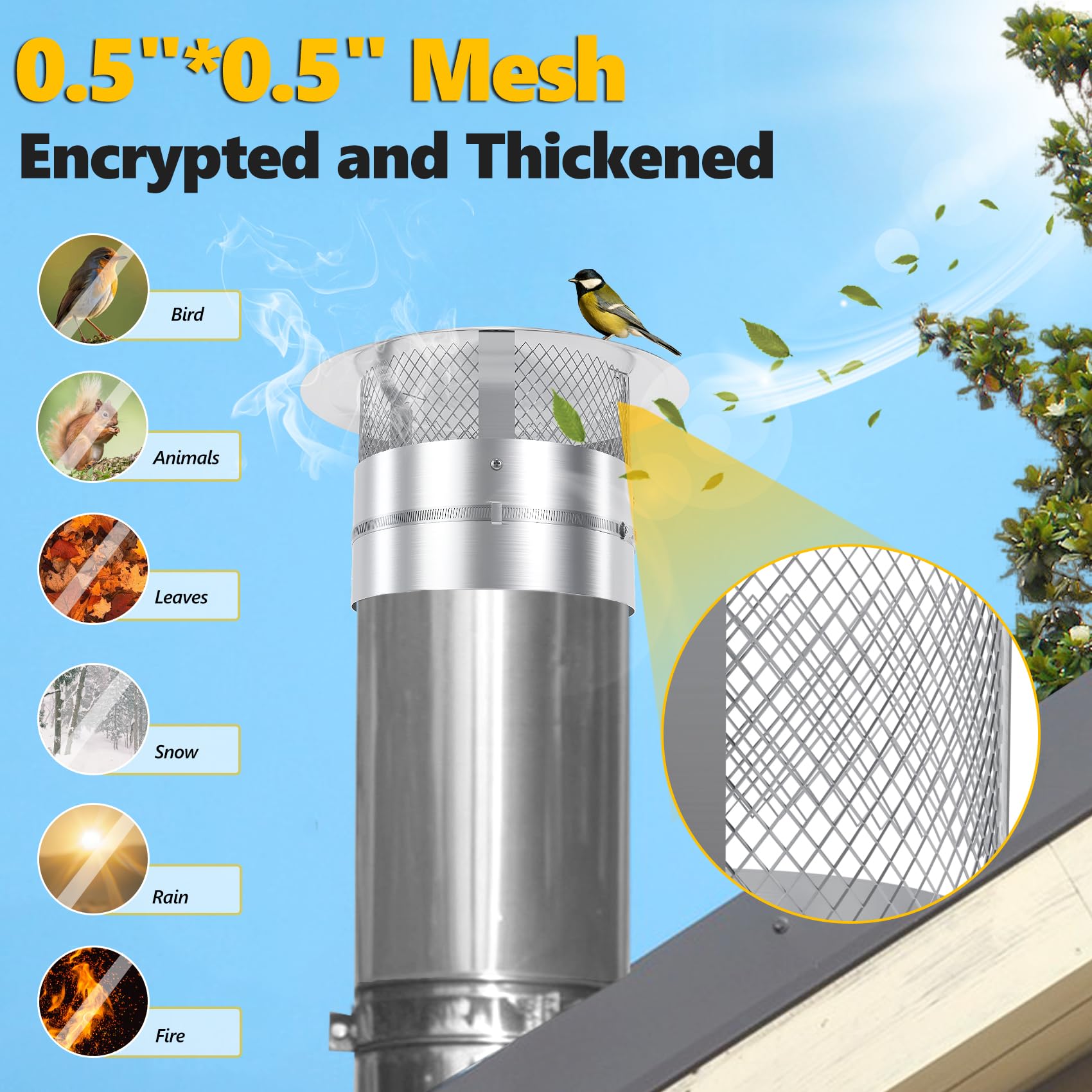 QUEYAAM dense-mesh chimney cap keeps birds and leaves out of the vent.