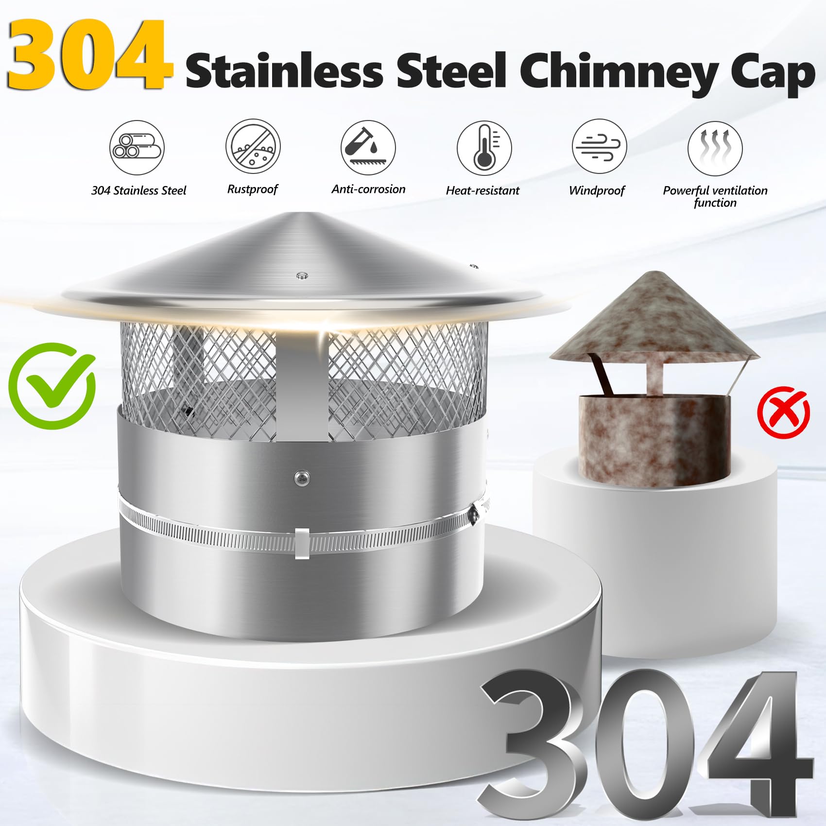 QUEYAAM stainless steel cap with adjustable clamp shows versatile installation.