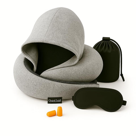 QuietCloud travel hooded neck pillow for private comfort on flights
