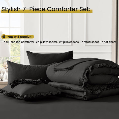 QUIETSEA bedroom setup showing the black ruffle bedding in a modern room
