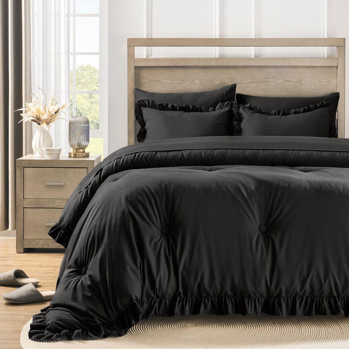 QUIETSEA King Size Bed in a Bag with ruffle detail in black styling a chic bed