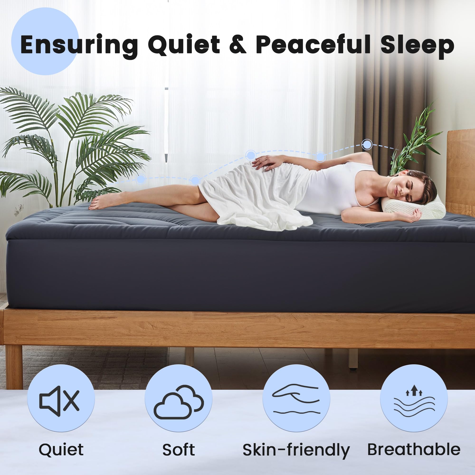 QuietSea pad on bed illustrating secure fit with deep-pocket design.