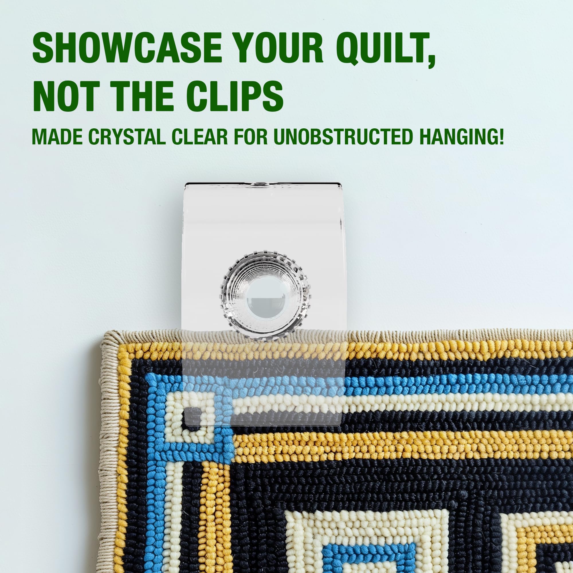 Quiltera adjustable clips accommodate different textile thicknesses for rugs and tapestries.