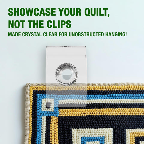Quiltera adjustable clips accommodate different textile thicknesses for rugs and tapestries.