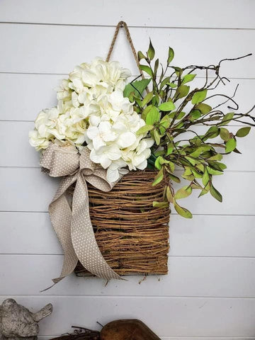Quinbeat Cream Hydrangea Door Hanger Basket Wreath on front door adds rustic charm