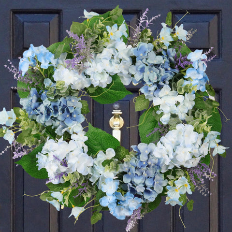 Quixem Spring Wreath with hydrangea and eucalyptus for year-round charm.