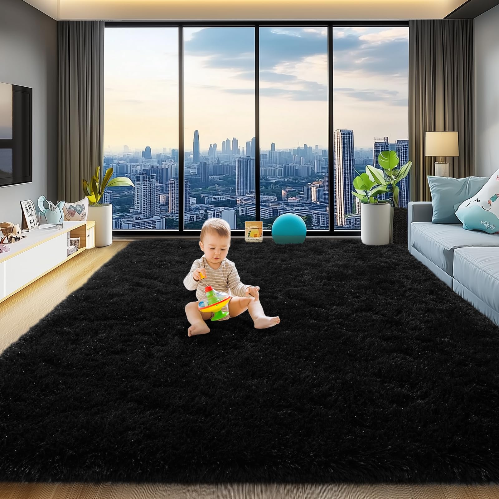qulint 8x10 soft fluffy black rug, living room, adds cozy warmth