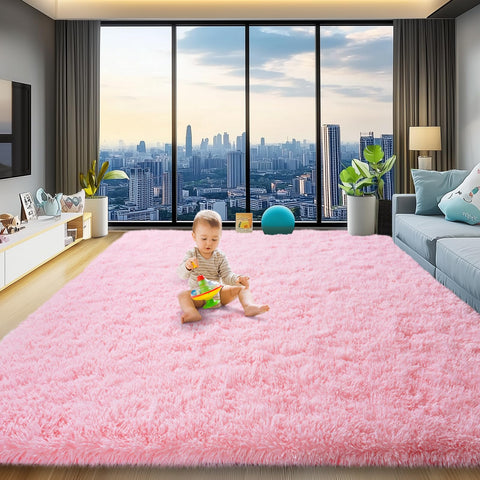 QuLint pink shag rug 8x10 enhances living room with plush comfort