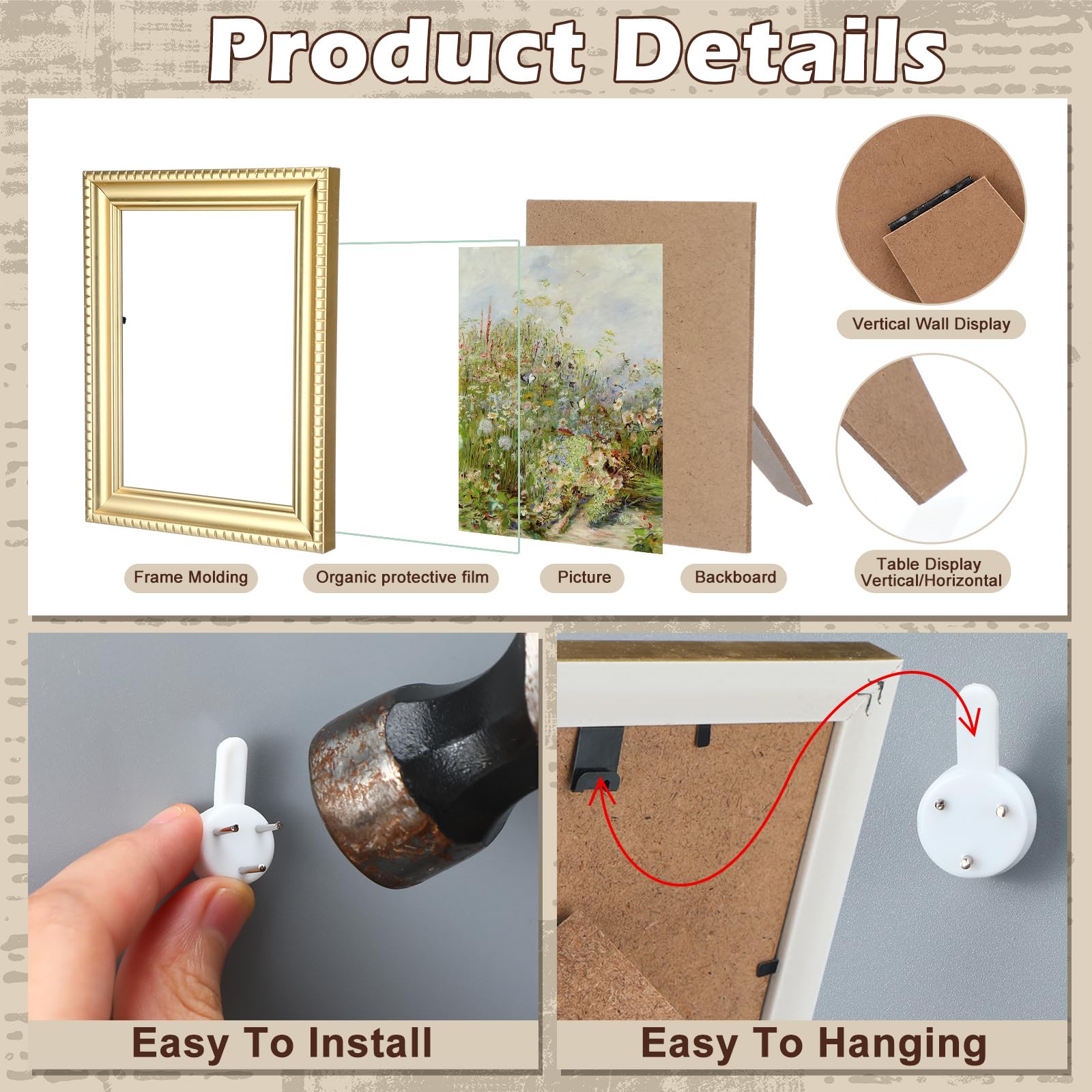 Qunclay frames in gold, bronze, brown, and white finish.