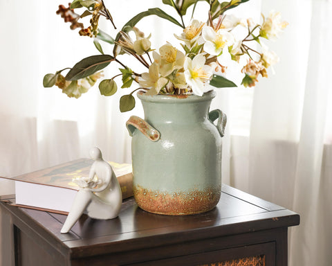 Quoowiit green boho vase close-up shows sturdy handles for easy repositioning.