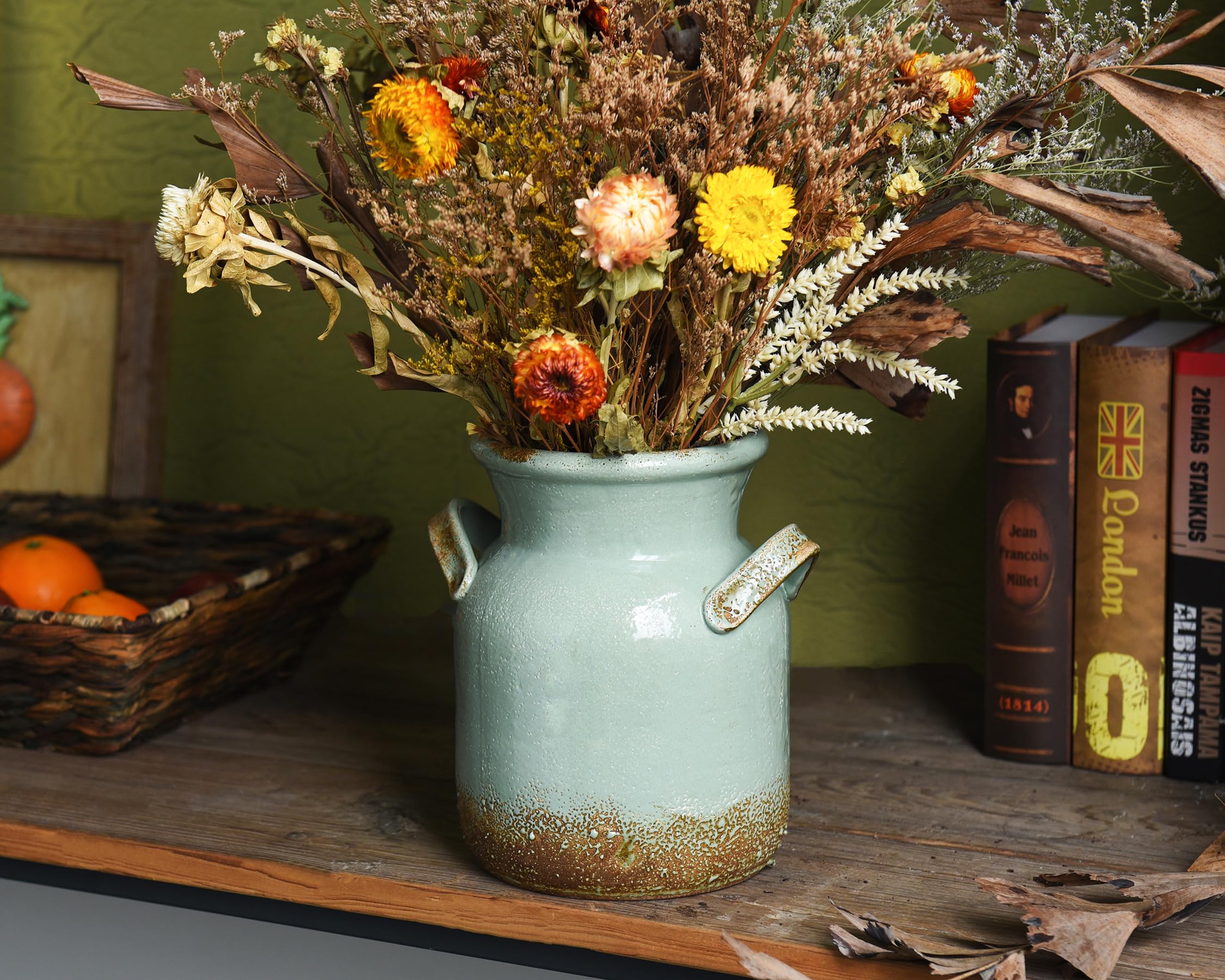 Quoowiit vase on a shelf adds vintage charm to living room decor.