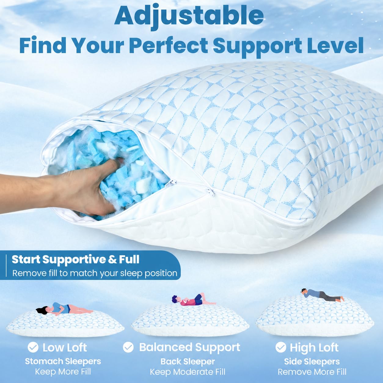 QUTOOL adjustable loft fill removed to customize height and firmness.
