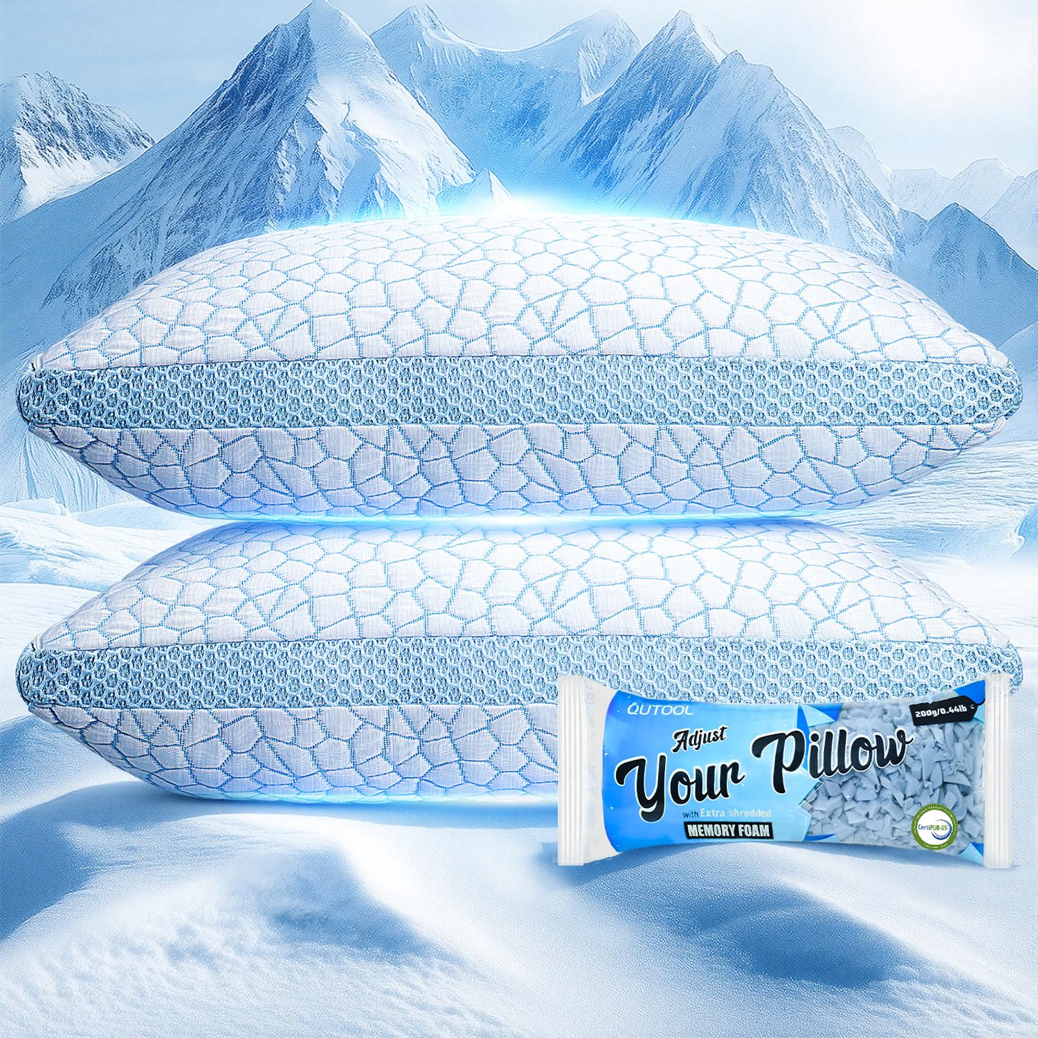 QUTOOL double-sided cooling pillow displaying 360-degree cooling for hot sleepers