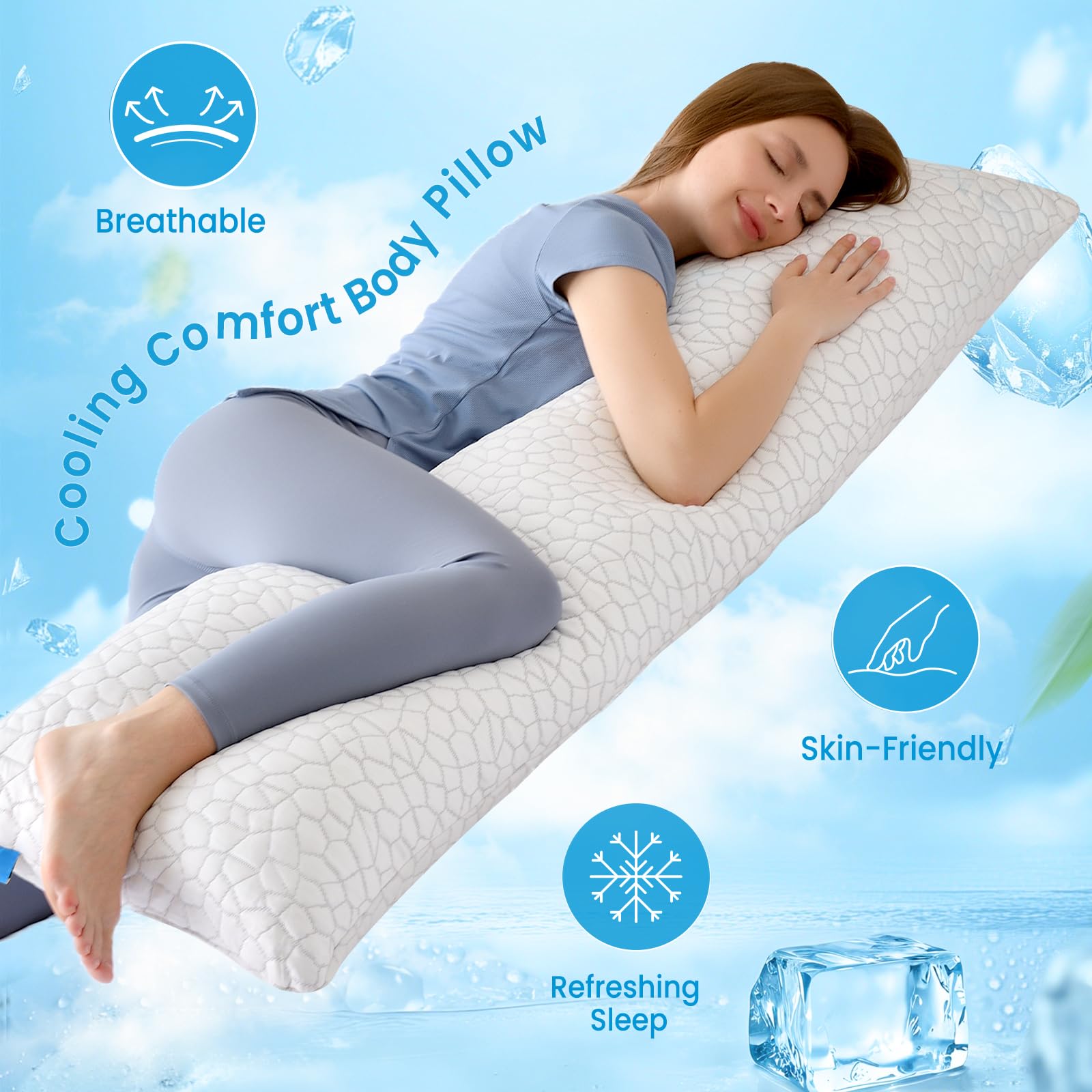 QUTOOL full-length pillow in bed setting with sheets illustrating size and versatility