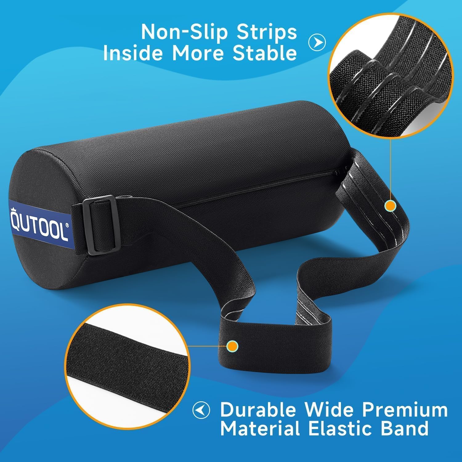 Close-up of the anti-slip strip and wider strap on QUTOOL lumbar pillow.